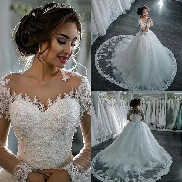 

new dubai elegant long sleeves a-line wedding dresses sheer crew neck lace appliques vestios de novia bridal gowns with buttons, White