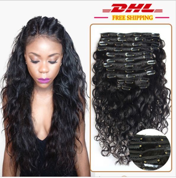 

8a 1b# natural black clip in human hair extesnison 100g 7pcs 16-26'' virgin brazilian indian deep wave clip in hair extensions dhl