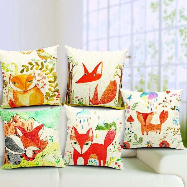 Desenhos animados Fox Vermelho Capa de Almofada quadrada de algodão Linho throw travesseiro tampa Housse De Coussin pintada à mão Cojine para Quarto Sofá