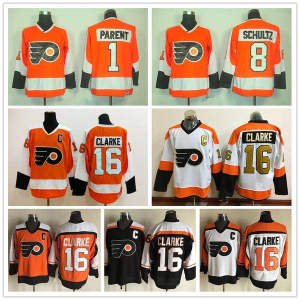 

philadelphia flyers ccm vintage jerseys mens stitched 1 bernie parent 8 dave schultz 16 bobby clarke hockey jersey, Black;red