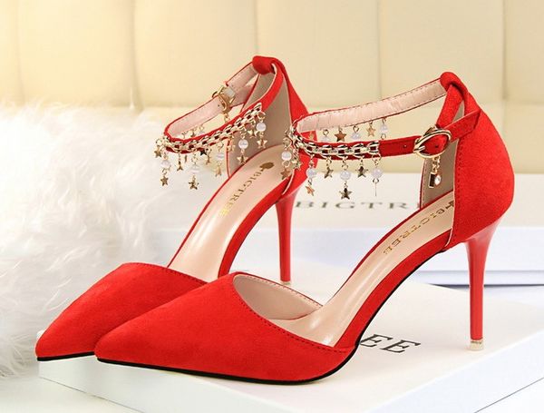 

2017 chain beads lady dress shoes women micro pumps heels thin high heels festival party wedding shoes formal pumps summer sandals gws165, Black