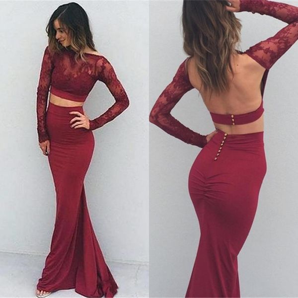 

Burgundy Sexy Two Pieces Prom Dresses Evening Wear Backless Sheer Neck Long Sleeves Mermaid Pleats Sexy Back Custom Made Party Dress
