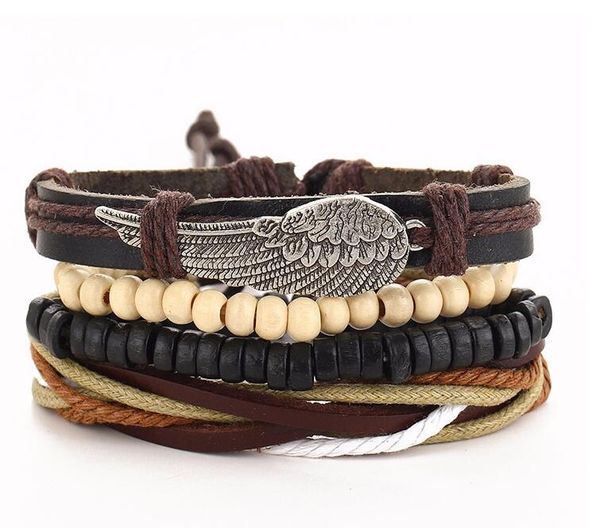 

multilayer bracelet punk turkish wing bracelets for women men beads wristband cuff leather bracelet ethnic vintage jewelry bijouterie, Golden;silver