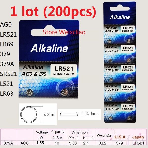 

200pcs 1 lot AG0 LR521 LR69 379 379A SR521 L521 LR63 1.55V Alkaline Button Cell Battery coin batteries Card Free shipping