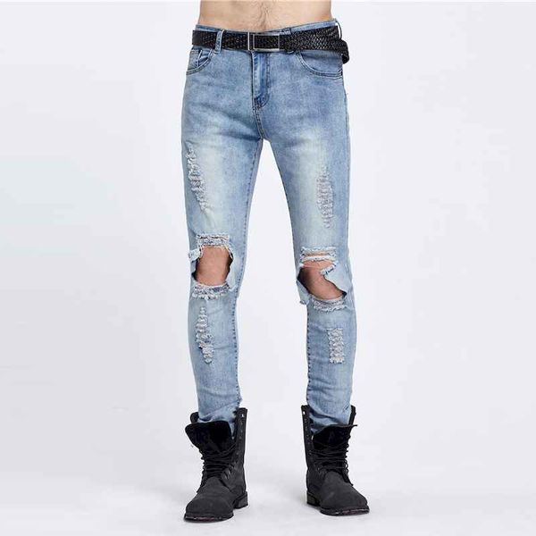 

wholesale- designer slim fit ripped jeans men hi-street mens distressed denim joggers knee holes washed destroyed jeans, Blue