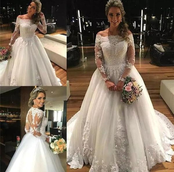 

off the shoulder long sleeves wedding dresses bridal gowns 2017 lace appliques tulle white custom made vestidos de novia