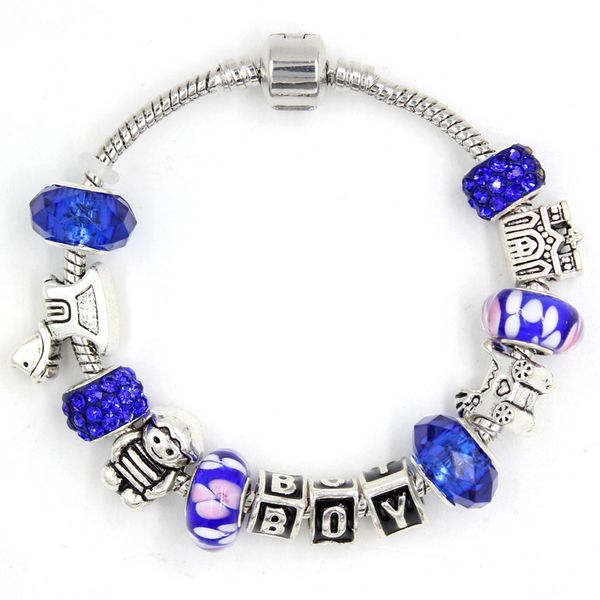 

diy european style blue lamp work murano glass bead baby prom letter boy bracelets for welcome boy gift jewelry bijoux pulsera, Golden;silver