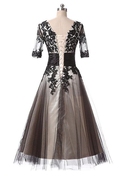 

elegant tulle scoop neckline a-line tea-length prom dresses with lace appliques half sleeves evening dress ruched waistline formal party, Black