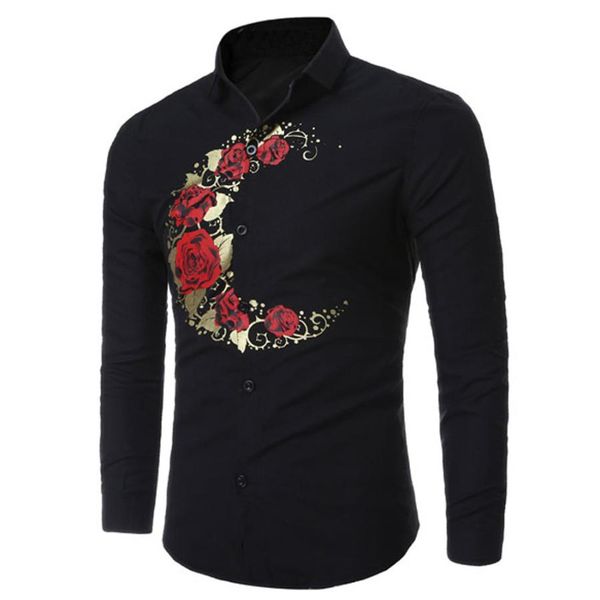 

wholesale- shirts mens casual slim fit long sleeve rose moon casual formal blouse shirts levert dropship322, White;black
