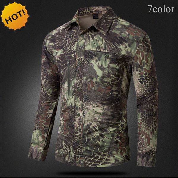 Nuovo 2016 Due pezzi Manica Camouflage Uomini ad asciugatura rapida Camicie sottili Camicia traspirante Army Cargo Snake Texture Stampa Tasca con cerniera