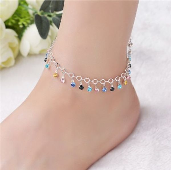 

womens ankle chain s925 sterling silver multi layer rhinestone tassel ankle bracelets ankle chain barefoot sandals womens anklet, Red;blue