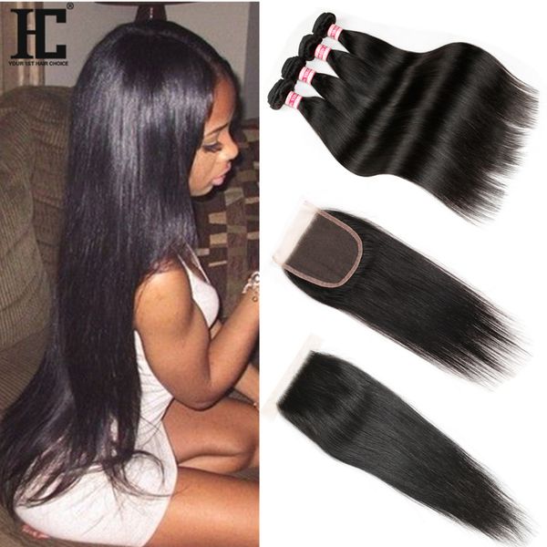 

brazilian virgin hair with closure 4 bundles with closure brazilian straight hair with closure 7a human hair extension hair bundles hc hair, Black