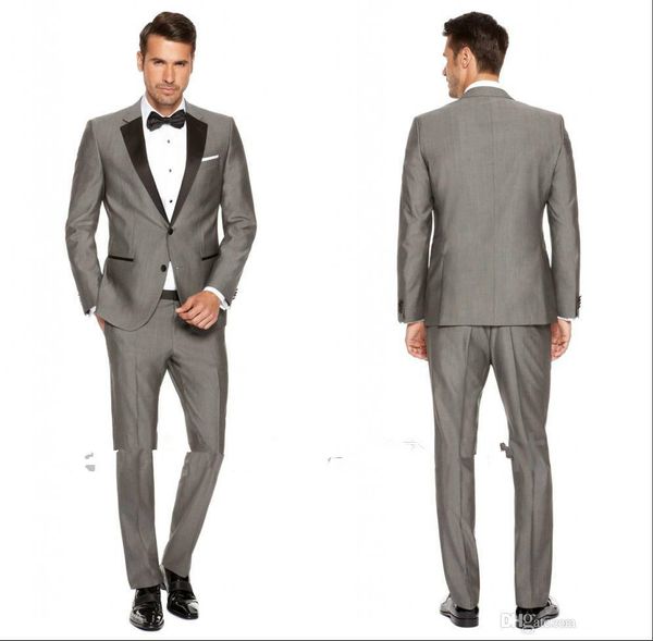2016 Custom Grey Mens Ternos Lapela Preta Slim Fit Ternos De Casamento para Noivo / Padrinhos de Baile Casuais Ternos (Jaqueta + Calça + Gravata borboleta)