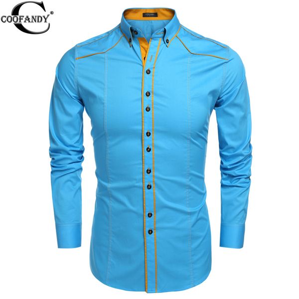 Wholesale- COOFANDY 2016  Spring Men Slim Long Sleeve Turn Down Collar Blouse Shirt Contrast Color Cotton Button Down Casual Shirts