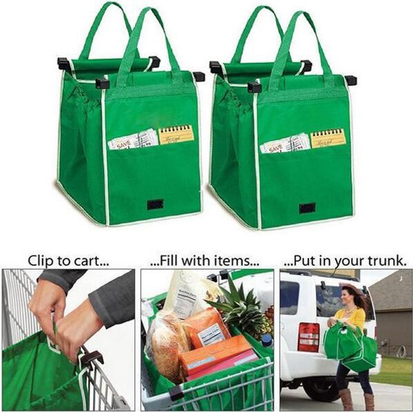 

wholesale- 2017 reusable large trolley clip-to-cart supermarket shopping bags portable cloth bag foldable green tote bags