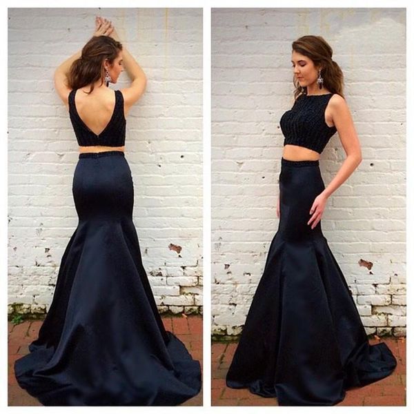 

elegant black mermaid two pieces prom dresses 2017 sleeveless beaded backless evening gowns satin long sweep train long dress