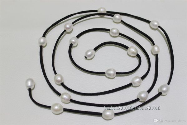 

black leather long necklace white freshwater pearl 48inch, Silver