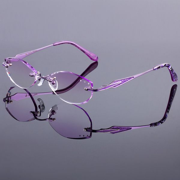 

wholesale- attractive women titanium alloy glasses frame women rimless frame diamond trimming cut rimless glasses with gradient tint lenses, Silver