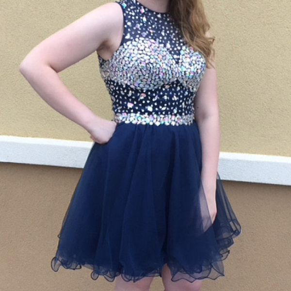 

navy blue ball gown homecoming dresses sheer neck crystal beaded tulle backless plus size graduation dresses party dresses, Blue;pink
