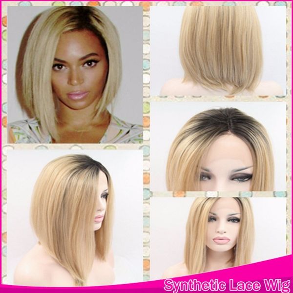 Grosshandel Gunstige Perucken Dark Roots 1 27 Ombre Blonde Short Bob Glattes Glattes Synthetische Lace Front Perucken Fur Schwarze Frauen