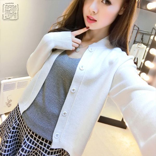 

wholesale- 2016 spring autumn women 100% wool blend cardigan women's short thin jacket long sleeves little cardigan sweater no-button-h, White;black