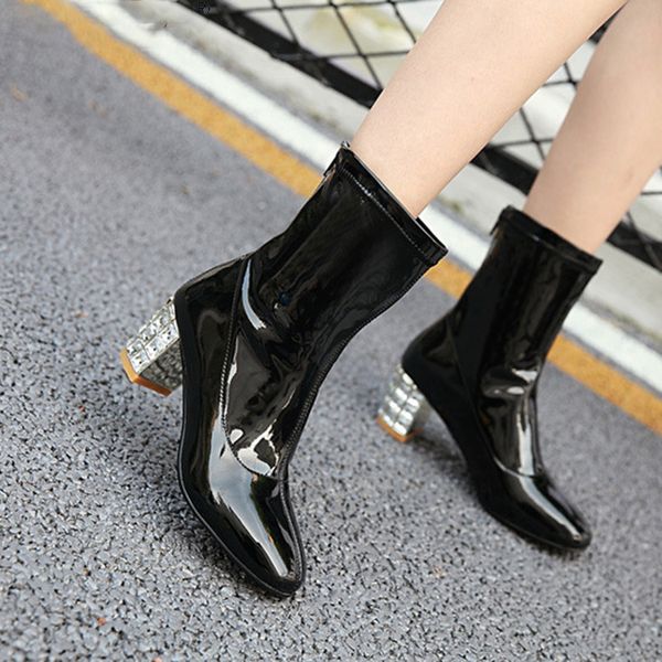 

patent leather women boots square toe rainboots ankle boots crystal heel fashion winter ladies boots, Black