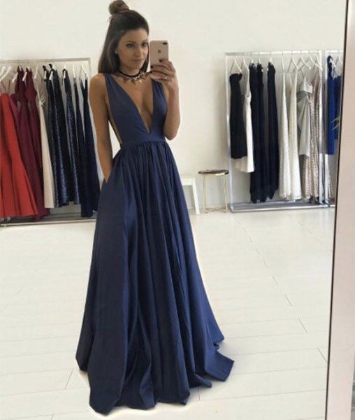 

deep v neck tank girls prom party dresses a-line satin prom gowns sheer waist with pockets long graduation gowns vestidos de festa, Black