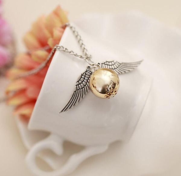 

10pcs/lot angel wings necklace 2colors snitch gold necklace pendant necklaces chain length 68cm 2017 christmas jewelry, Silver