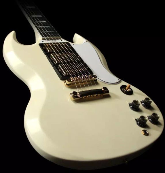 

custom limited vintage white cream sg 400 double cutaway electric guitar dual 3 humbucker pickups white mop trapezoid inlay