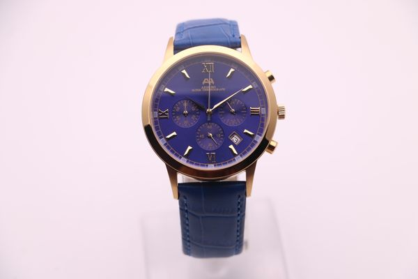 

2017, aehibo new brand, new men's watches, vk quartz chronograph run, seconds movement, blue leather strap, blue dial, gold watchcase, Slivery;brown
