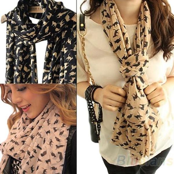 

wholesale-fashion women scarf chiffon colorful sweet cartoon cat kitten scarf graffiti style shawl girls gift 03wz, Blue;gray