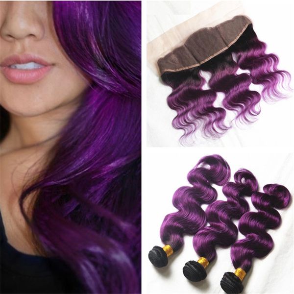 Two Tone 1b Purple Ombre Virgin Hair With Lace Frontal Closure