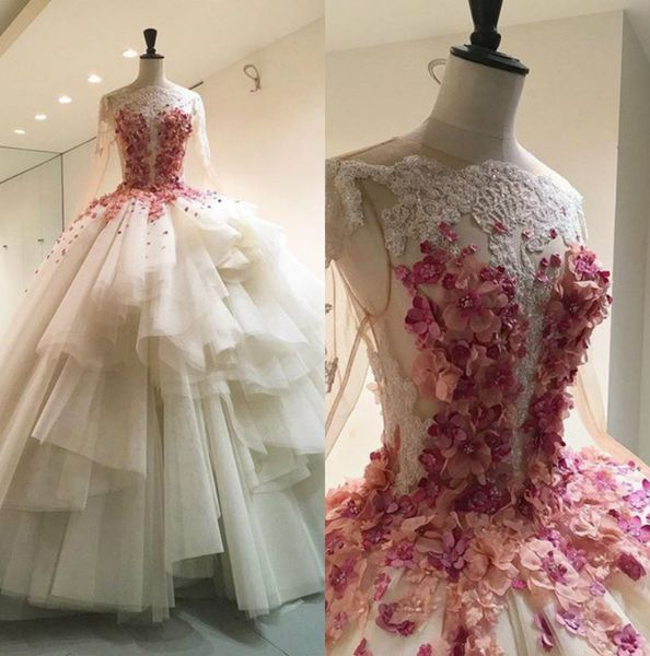 

elegan lace ball gown wedding dresses bateau neck long sleeves bridal gowns floor length 3d appliques wedding dress custom made, White