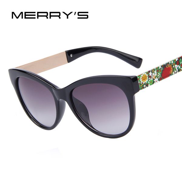 

wholesale- merry's women fashion brand designer cat eye sunglasses gradient lens flower adornment alloy legs summer sunglasses uv400, White;black