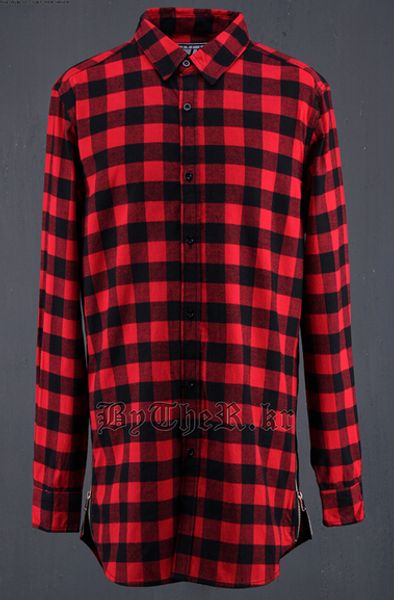 

wholesale- extended red plaid longline shirts mens fashion long sleeve designer brand shirt 2016 autumn side zipper chemise homme us size, White;black