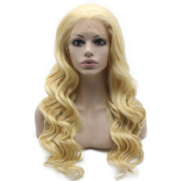 

long wavy 613 blonde wig heat safe fiber hair natural lace front wig, Black