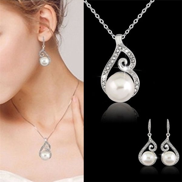 

women beautiful crystal pearl necklace earring wedding bridal jewelry set gift for woman girlfriend ,mon gift, Silver