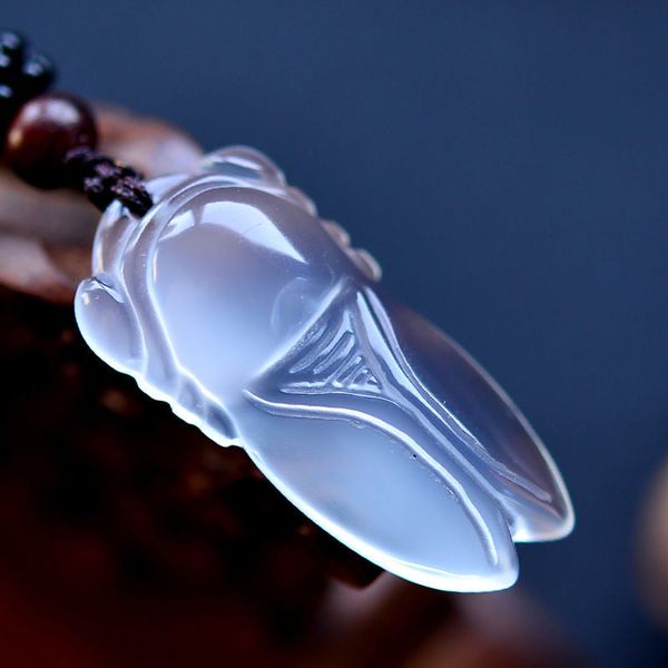 

chinese 100% natural agate jade ice chalcedony cicada jade pendant necklace, Silver