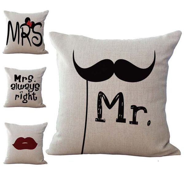 Mr And Mrs Always Right Mustache Pillow Case Cushion Cover Linen