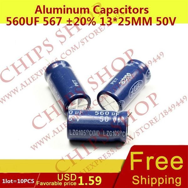 

wholesale- 1lot=10pcs aluminum capacitors 560uf 567 20% 13*25mm 50v 560000nf 560000000pf diameter13mm