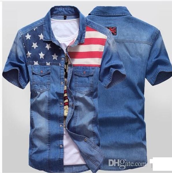 Оптовая продажа-рубашки для мужчин летом новая джинсовая рубашка двойной карман шить цвет дизайн мужская рубашка с коротким рукавом джинсы рубашка Бесплатная доставка