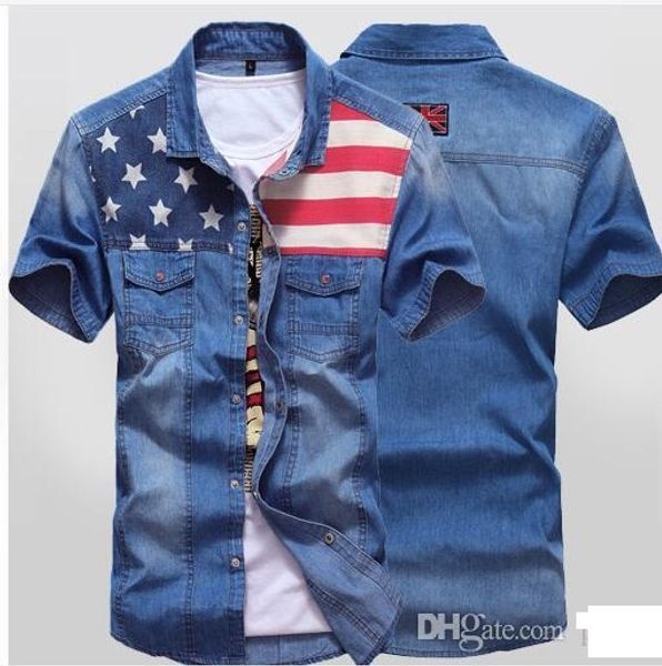 Atacado-camisas para homens de verão nova camisa denim bolso duplo costura projeto cor dos homens camisa de manga curta jeans camisa frete grátis