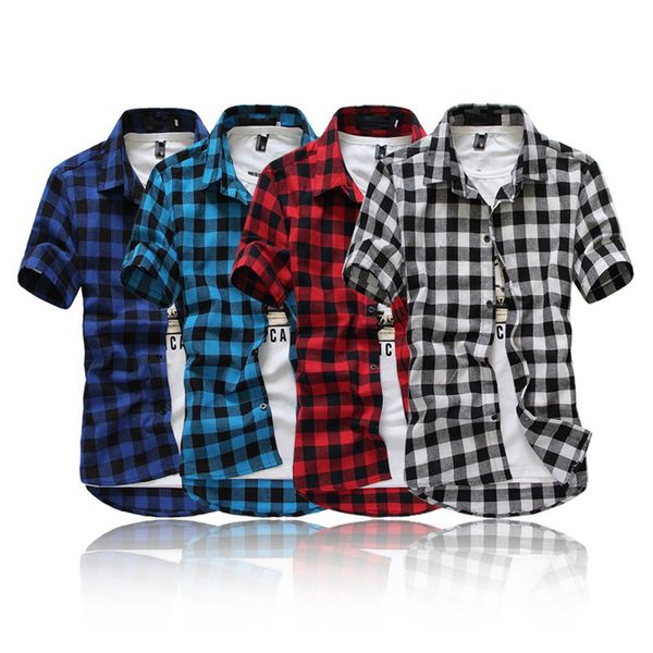

wholesale- [asian size, not us/eu size]sell thin slim fit plaid shirt men british style short sleeve shirts casual cotton men shirt, White;black