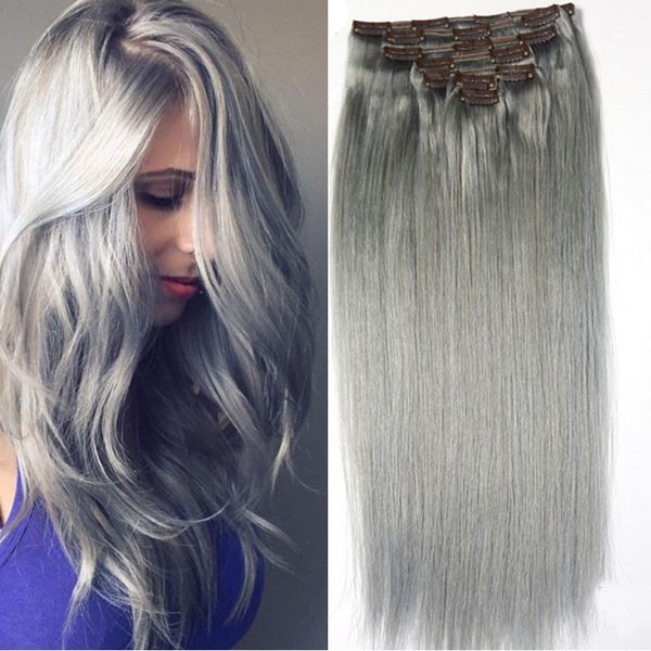Pure Grey Clip In Human Hair Extensions 70g Set Silver Cheap