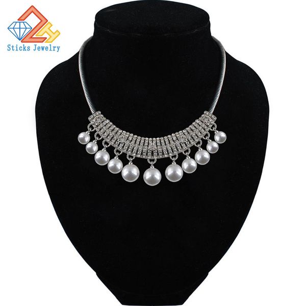 

choker big simulated pearl necklace women statement chunky necklace jewelry for women bib chuncky colar necklace new, Black