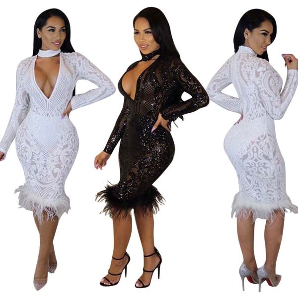 

Womens Sexy Autumn Winter Ladies Long Sleeves V-Neck Evening Clubwear Sequins Dress Cocktail Party Dresses