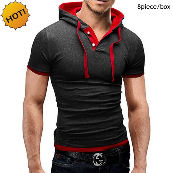 

fashion 2017 summer casual wire cap short sleeve slim fit thin solid casual hip hop tracksuit sweatshirt hoodies 8 color m-xxxl, Black