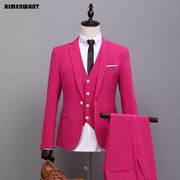 

wholesale- aimenwant 2017 spring korea fitted boyfriend blazer mens single breasted rose wedding suit set(jacket+vest+pants) 3 piece suits, White;black