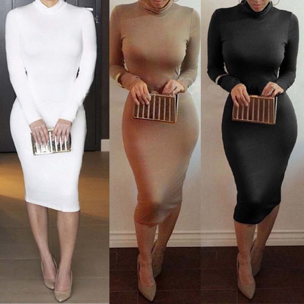

10pcs Womens Casual Cowl Neck Fashion Autumn Tight Long Dress Ladies Turtle Neck Long Sleeved Solid Color Fall Bodycon Midi Dresses