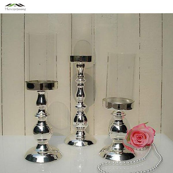 New Metal Silver Finish Candle Holders With Glass Stand Pillar